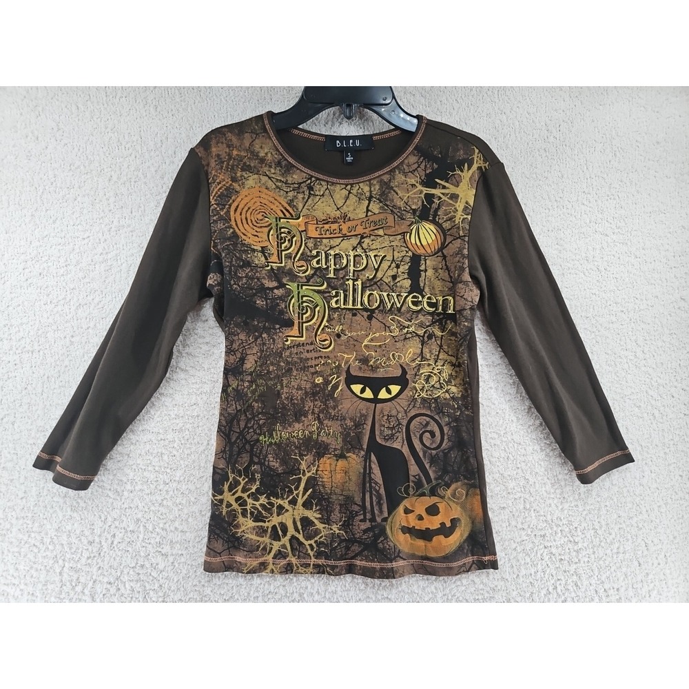 B.L.E.U Womens Halloween Black Cat  Studded Shirt Top Size Small  Long Sleeves
